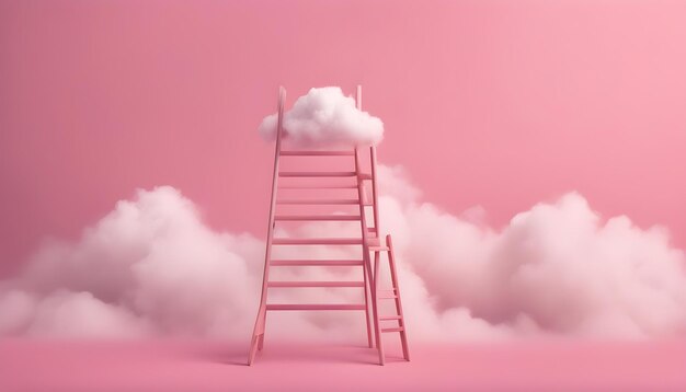 Photo Échelle vers le ciel avec un nuage isolé avec un fond rose