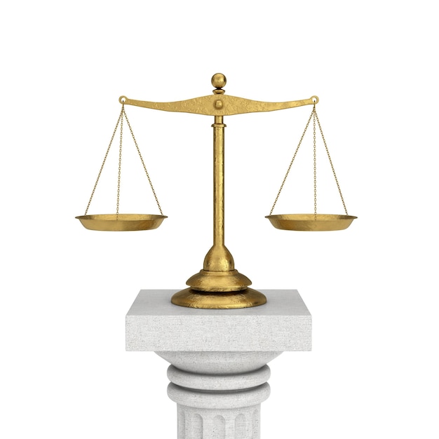 Échelles équilibrées dorées de justice classique vintage sur piédestal de colonne sur fond blanc rendu 3d