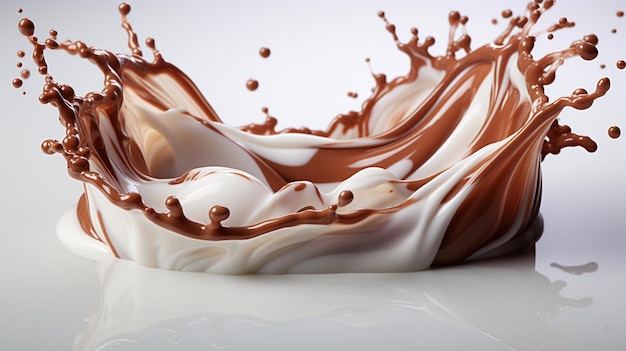 Une éclaboussure de chocolat et du lait blanc se mélangent sur un fond transparent.