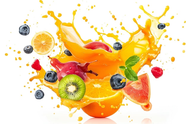 un éclaboussure coloré de fruits et de jus d'orange avec le mot fruit dessus
