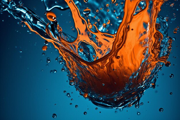 Une éclaboussure d'eau bleue et orange avec un fond bleu