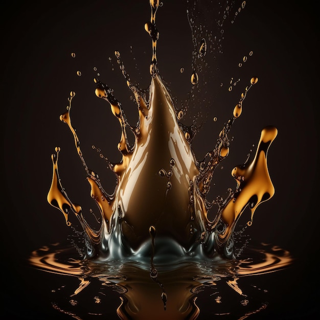 Une éclaboussure d'eau avec une éclaboussure de liquide et une goutte de chocolat.