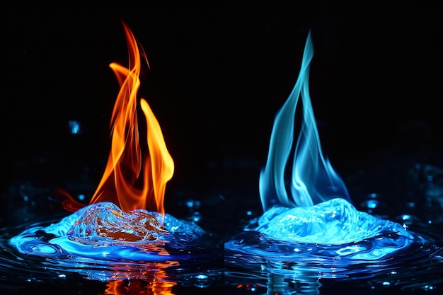 Photo Éclaboussure d'eau avec des flammes bleues et orange sur fond noir fond abstrait