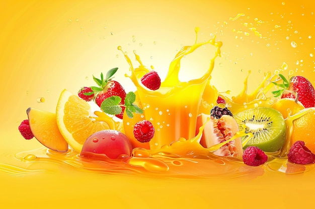 un éclaboussure de jus d'orange et de fruits sur un fond jaune