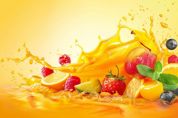 un éclaboussure de jus d'orange avec des fruits et des fraises sur le fond