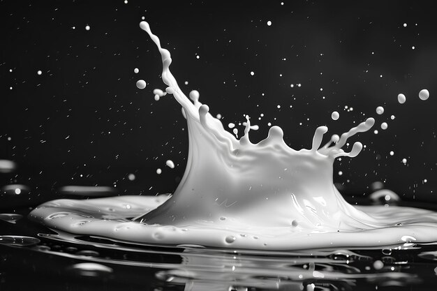 Une éclaboussure de lait est vue dans cette photo en noir et blanc de gouttes d'eau sur un fond noir