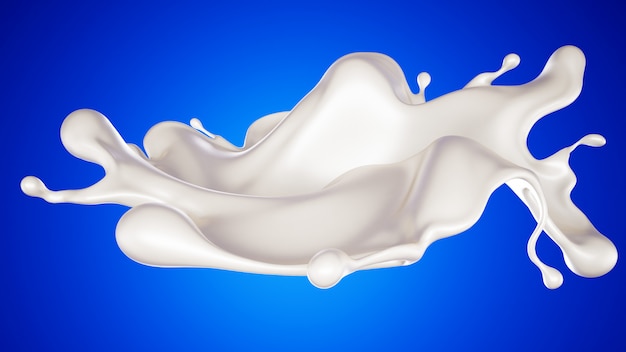 Une éclaboussure de lait sur un fond bleu. Rendu 3D.