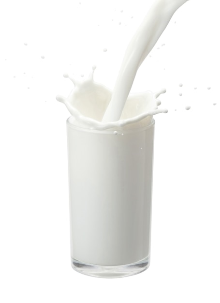 Éclaboussure de lait frais. Verser du lait dans un verre à lait créant des éclaboussures sur un fond blanc. Les éclaboussures se font en versant un verre de lait, une boisson fraîche, une boisson saine, une nourriture naturelle, un petit-déjeuner.