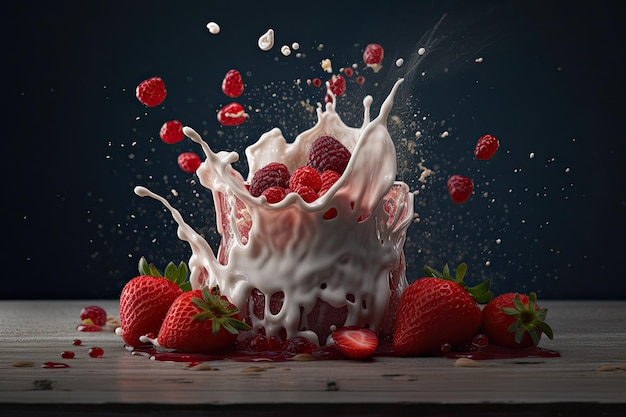 Une éclaboussure de lait et de fraises est versée dans un bol.