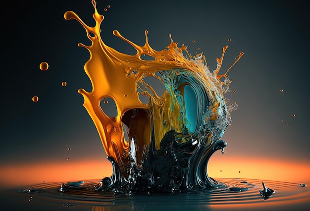 Une éclaboussure de liquide coloré sur une surface en miroir Une explosion d'encre de peinture Un fond abstrait immersif Rendu 3D généré par l'IA