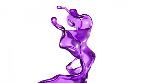 Une éclaboussure de liquide transparent d'une couleur violette sur fond blanc. Rendu 3D.