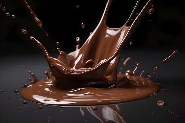 Une éclaboussure magique de chocolat brun sur un fond sombre.