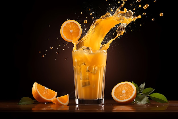 Une éclaboussure d'orange avec du jus et du jus d'orage sur un fond transparent