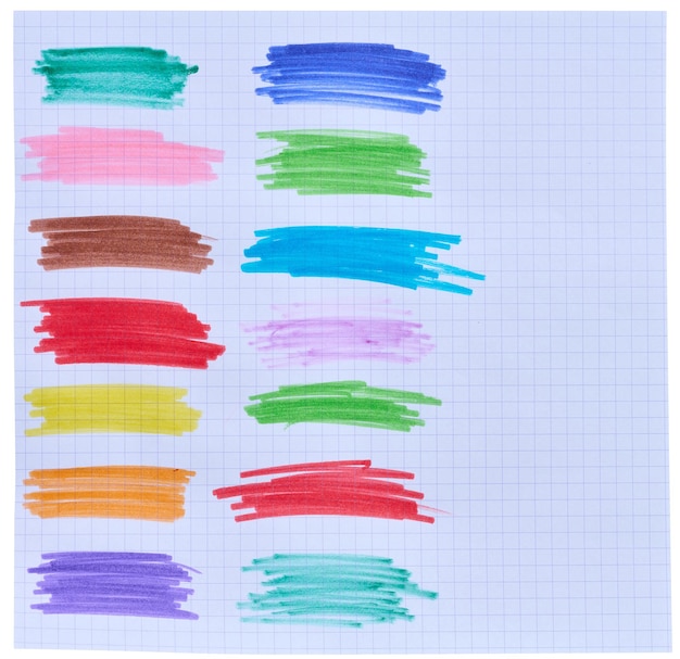 Éclaboussure avec des stylos de feutre multicolores sur une feuille de papier à carreaux