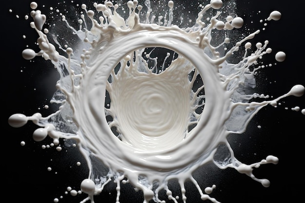 Photo les éclaboussures de la couronne de lait dans une piscine circulaire de lait vue d'en haut avec des ondulations