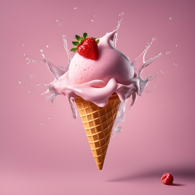 éclaboussures de crème glacée à partir d'un cône de fraise