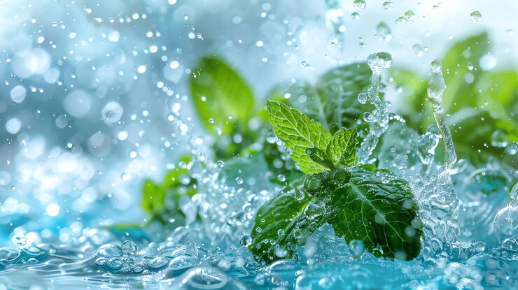 Photo des éclaboussures d'eau claire avec des brindilles de menthe croquantes et rafraîchissantes