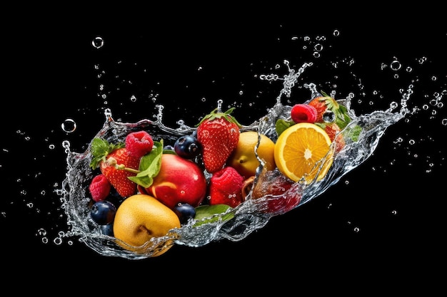 éclaboussures d'eau avec divers fruits tombent publicité professionnelle photographie alimentaire