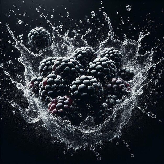 Des éclaboussures d'eau écrasant sur un fond de gradient noir de Blackberry frais