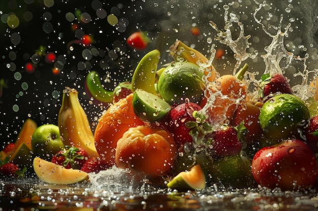 Des éclaboussures d'eau de fruits, des gouttes d'oranges.