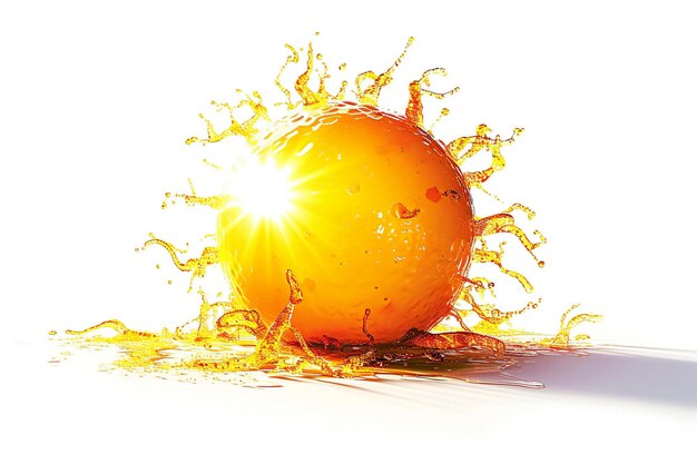 Photo des éclaboussures d'eau orange avec le soleil sur fond blanc