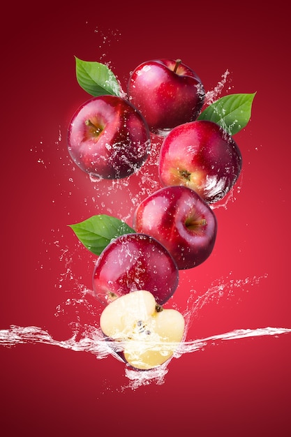 Photo Éclaboussures d'eau sur les pommes rouges fraîches