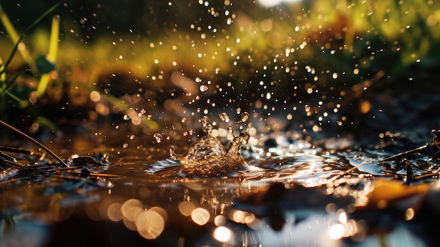 Des éclaboussures d'eau sur le sol, de l'herbe, du papier peint sur fond.