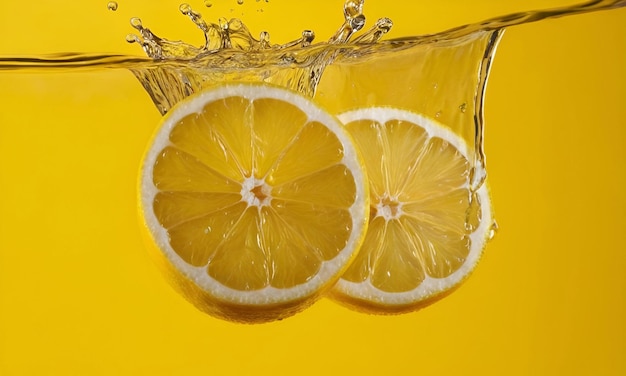 Des éclaboussures d'eau sur des tranches de citron sur fond jaune