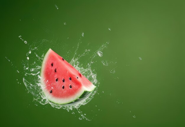 Photo des éclaboussures d'eau sur des tranches fraîches de fruits de pastèque fond vert