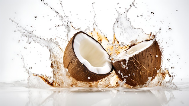 Des éclaboussures d'huile de coco sur un fond blanc