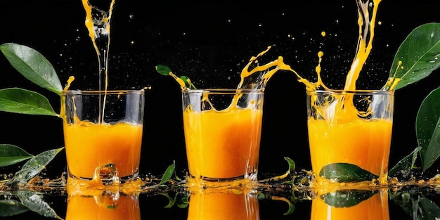 Des éclaboussures de jus d'orange frais dans des verres avec des feuilles vertes isolées sur un fond noir