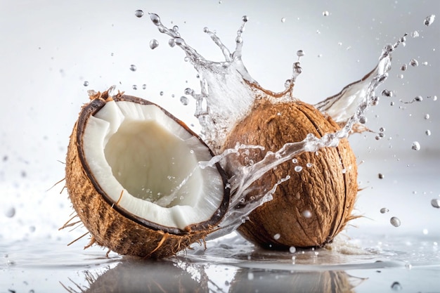 Des éclaboussures de noix de coco sur fond blanc