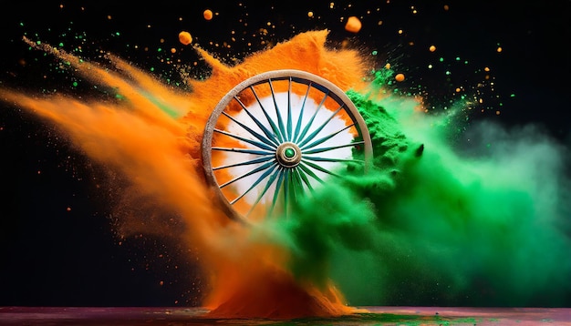 Photo des éclaboussures de poudre de couleur orange et verte avec la roue ashoka concept pour le jour de l'indépendance de l'inde