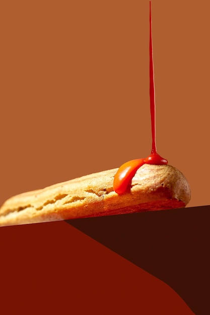 L'éclair est versé avec du glaçage orange et saupoudré de pistaches sur fond orange Affiche de cuisine créative