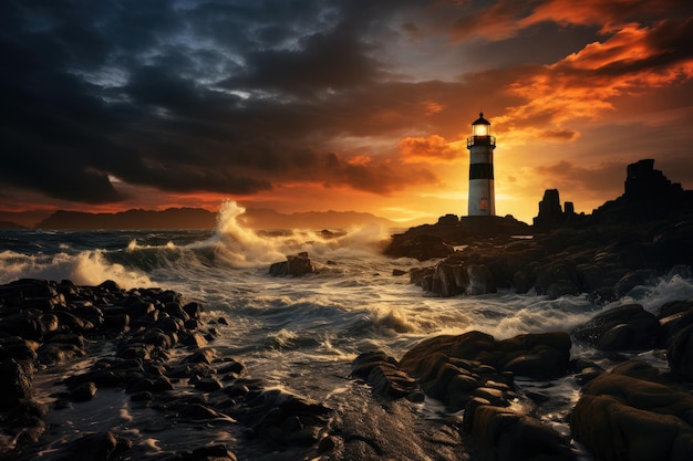 Éclair spectaculaire sur un phare près de l'IA générative océanique animée