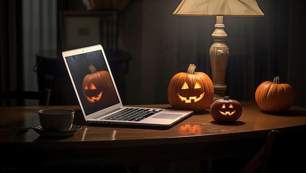 éclairage de citrouille d'Halloween avec un ordinateur portable sur la table dans le style d'étrangement réaliste