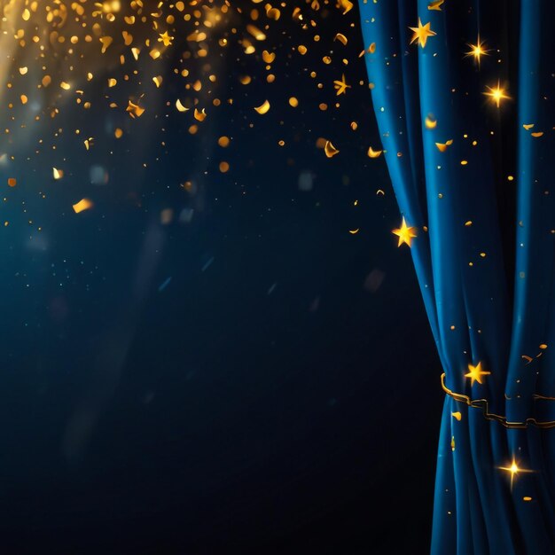 L'éclairage sur le fond du rideau bleu et la chute des confettis dorés Illustration vectorielle