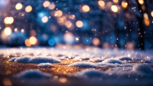 L'éclairage et la neige sont floues, le fond du paysage est bleu bokeh.