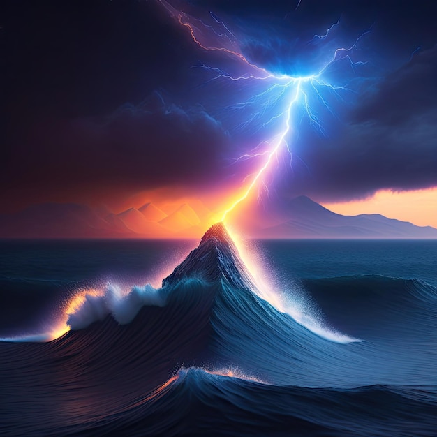 Éclairage spectaculaire éclair dans le ciel nocturne au-dessus de la mer Illustration 3D de la tempête éclairante