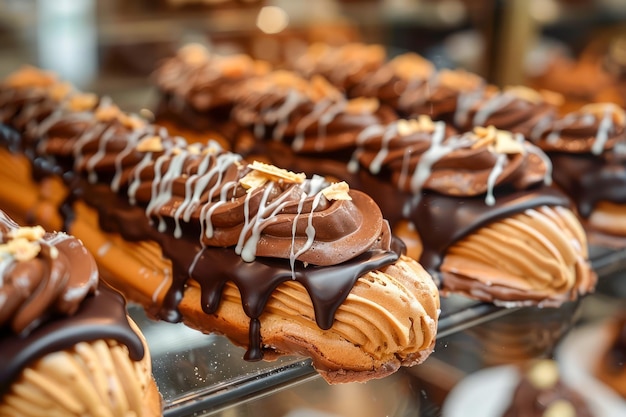 Des éclairs au chocolat gourmet avec une garniture crémeuse exposés dans une pâtisserie haut de gamme