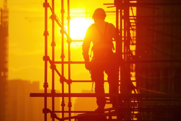 L'éclat doré du coucher de soleil une silhouette d'ouvrier sur un chantier de construction