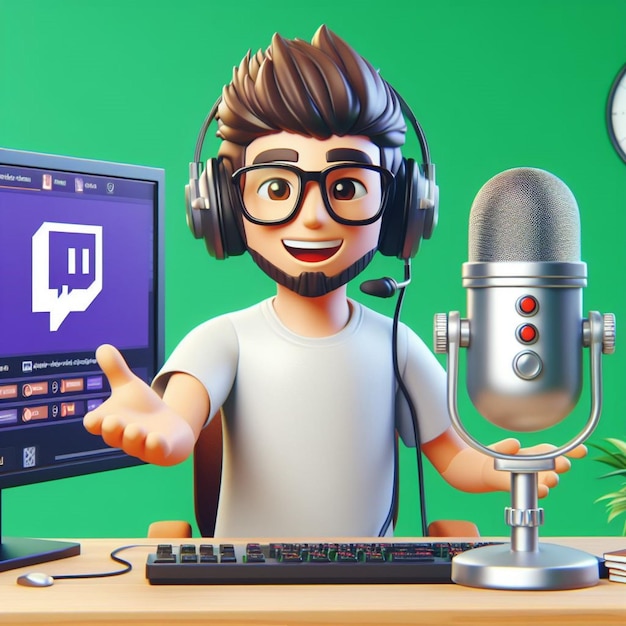 éclat du podcasting en direct sur Twitch 3d Man dans un cadre de studio vert visuellement dynamique