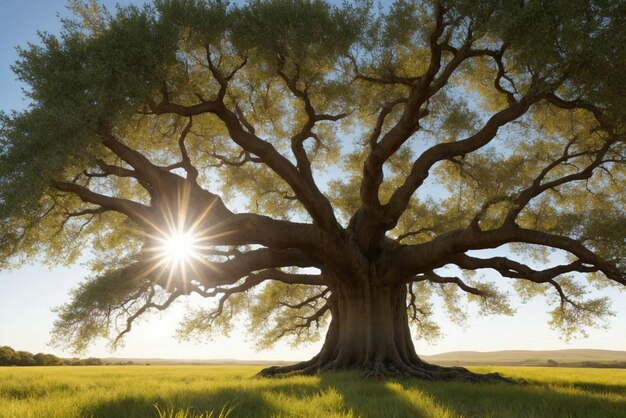Photo l'éclat du soleil à travers les branches de chênes anciens