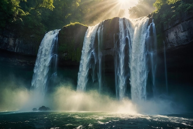 L'éclat du soleil à travers la spectaculaire brume des chutes d'eau