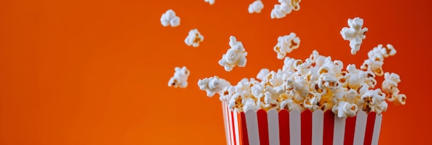 Un éclat de pop-corn d'une boîte rouge et blanche crée une atmosphère de cinéma festive sur un fond orange