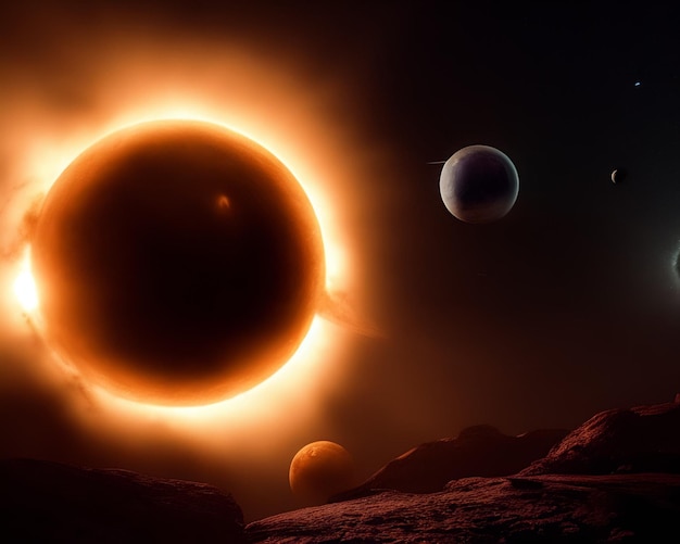 Une éclipse solaire avec une planète et Saturne au sommet.