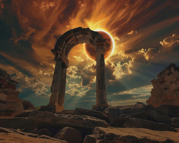 Eclipse solaire vue depuis des ruines anciennes danse céleste encadrée