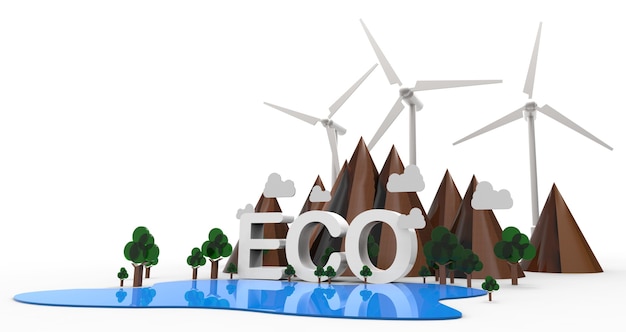 ECO Nature paysage avec montagne, turbine en illustration 3D d'arbre