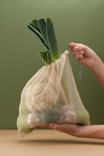 Ecobag avec des légumes frais dans une main de l'homme