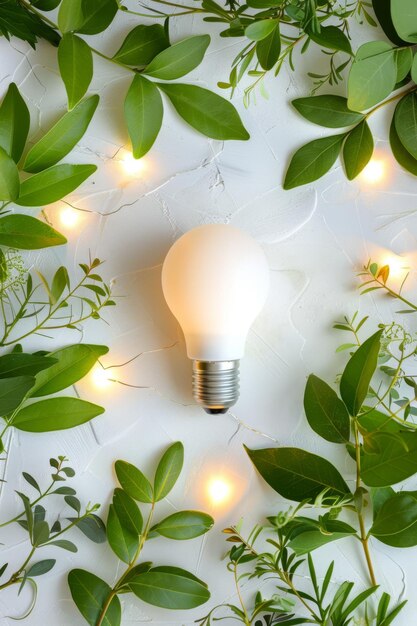 Photo ecofriendly energy concept with illuminated bulb and green leave